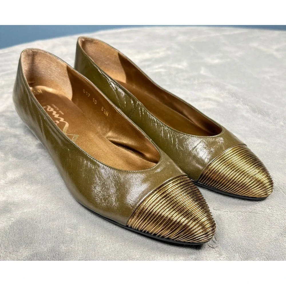 Nina Flats Womens 8.5 N Olive Green Gold Cap Toe Patent Leather Made in Spain